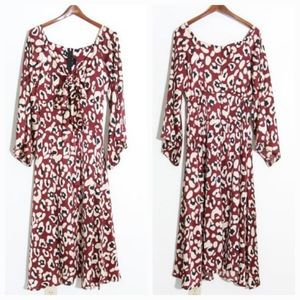 Tongoro 100% Silk Maxi Dress Leopard Double Slit Keyhole Tie Front Size Large